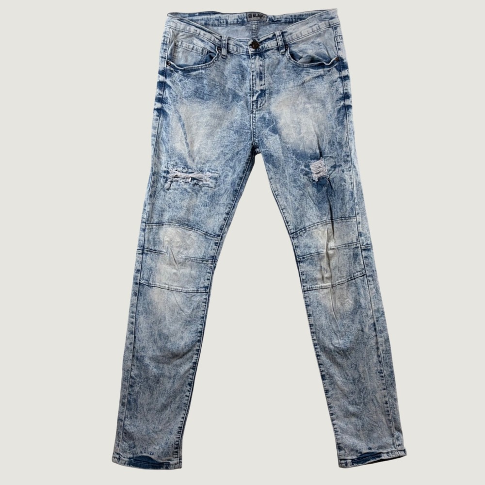 BKE Black Skinny Flex Acid Wash Moto Distressed Jeans Men 32x32 Light Blue Biker